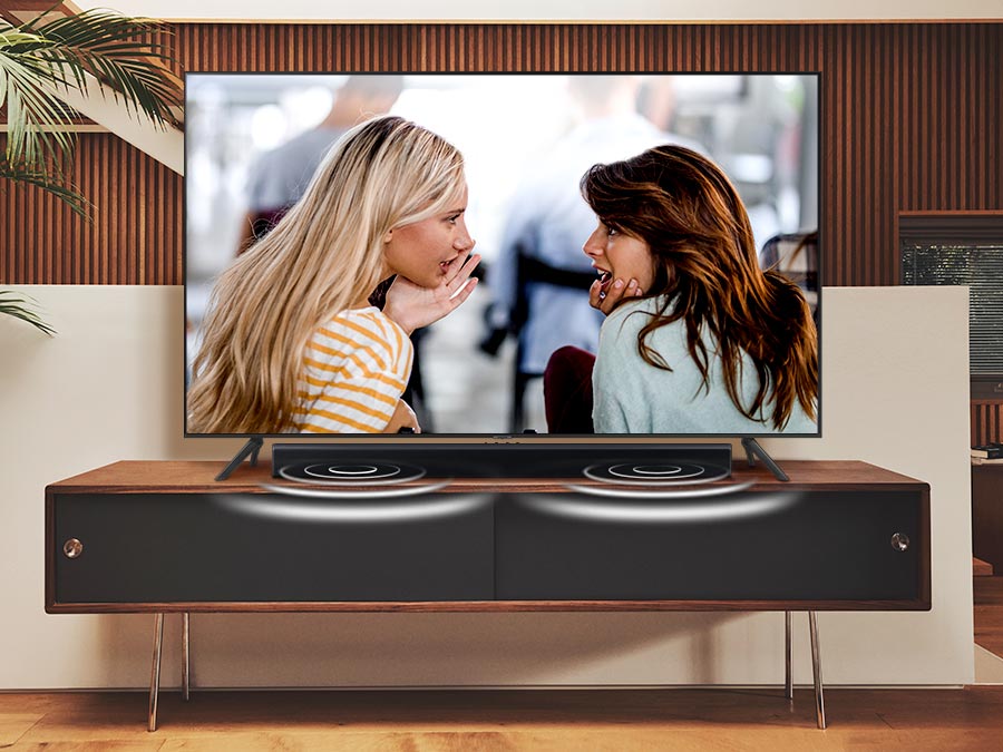 Samsung HW-C43C soundbar with Voice Enhance feature to amplify dialogue for clearer sound.